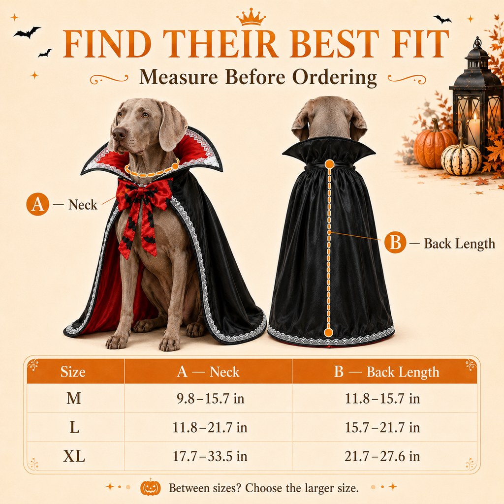 Halloween vampire dog cape size guide
