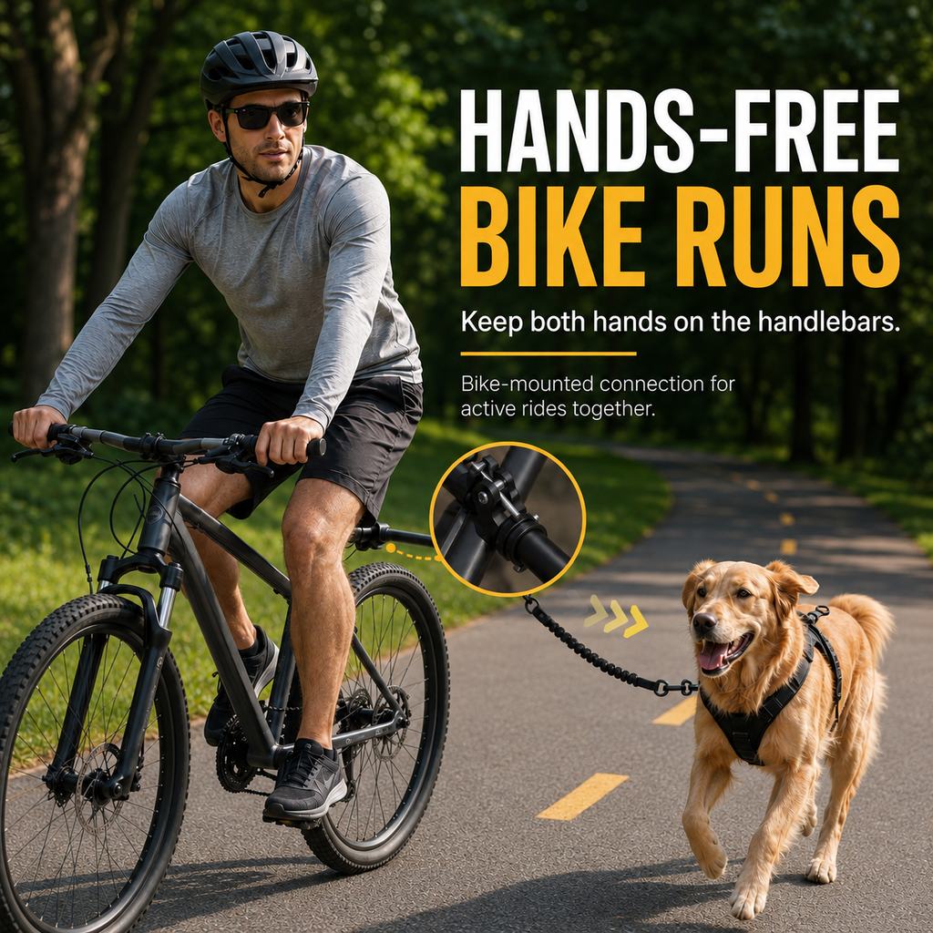 Hands-free bike runs with bike-mounted dog leash