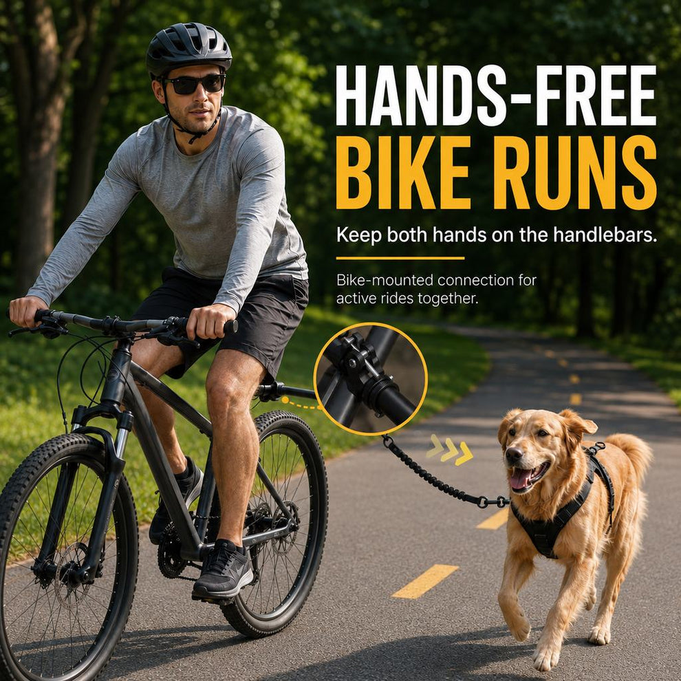Hands-free bike runs with bike-mounted dog leash
