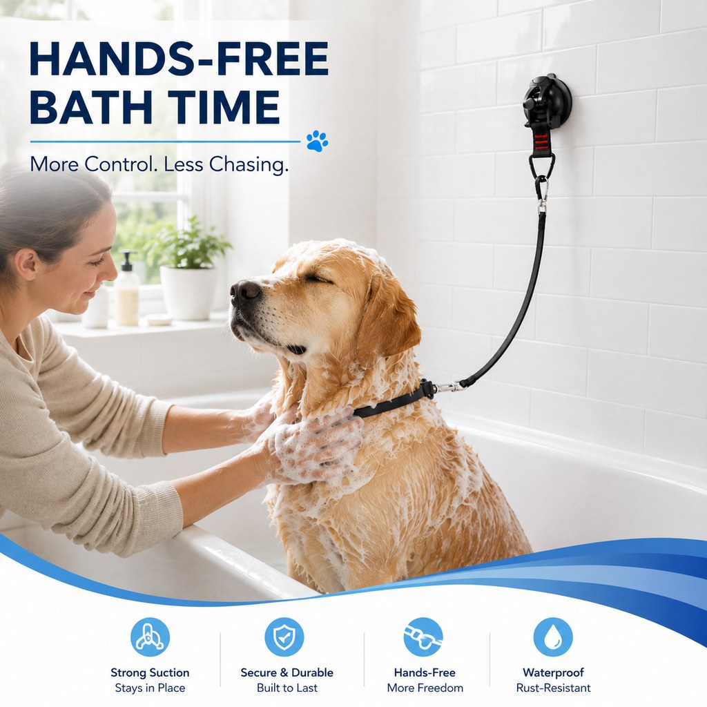 Hands-free dog bathing with suction cup grooming tether