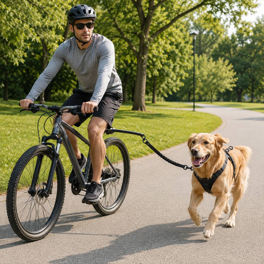 Hands-free dog bike leash with dog running beside bicycle