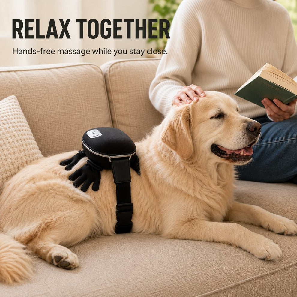 Hands-free dog massager used during calm supervised relaxation