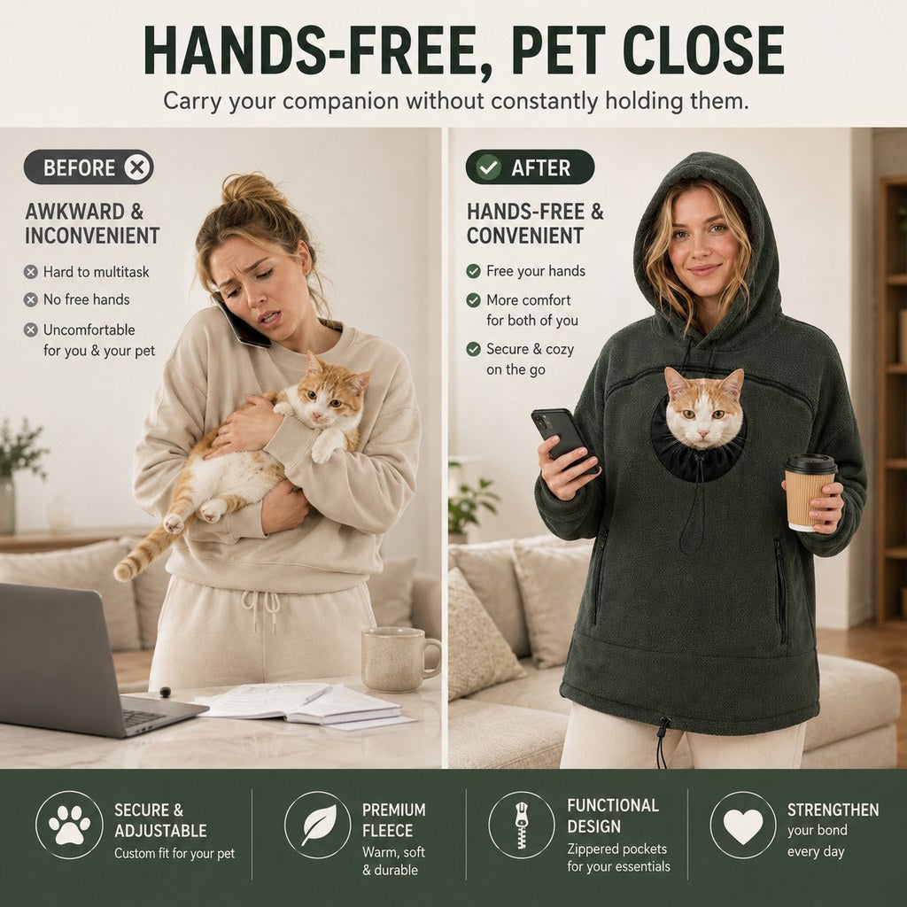Hands-free pet carrier hoodie keeps pet close