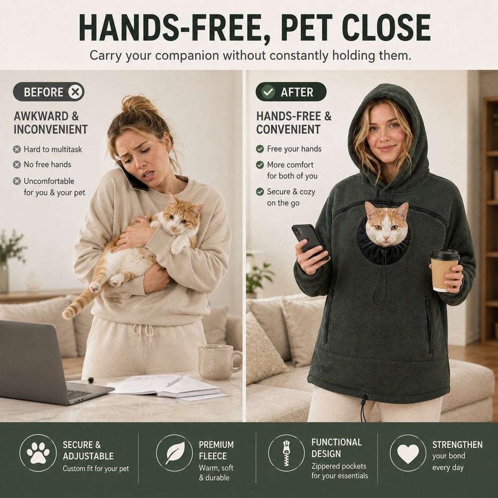 Hands-free pet carrier hoodie keeps pet close