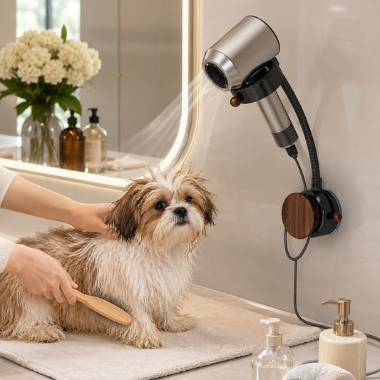 Hands-free pet grooming hair dryer holder for bath time