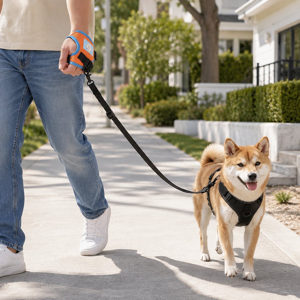 Hands-free wrist dog leash with adjustable orange and blue wrist strap