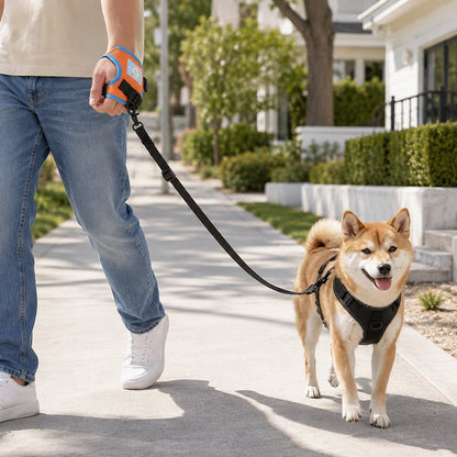 Hands-free wrist dog leash with adjustable orange and blue wrist strap