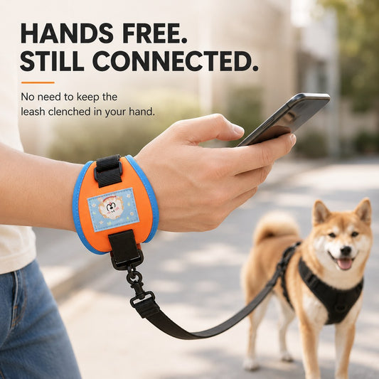Orange and blue wrist-mounted dog leash detail
