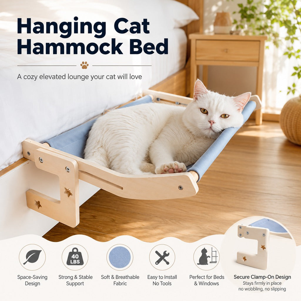 Paws in Awe Bedside Hanging Cat Hammock Bed - Space-Saving Elevated Cat Lounge for Beds, Sofas & Windows image 2