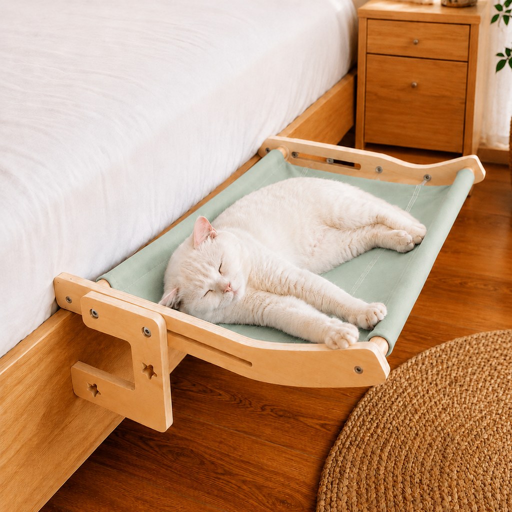 Paws in Awe Bedside Hanging Cat Hammock Bed - Space-Saving Elevated Cat Lounge for Beds, Sofas & Windows image 1