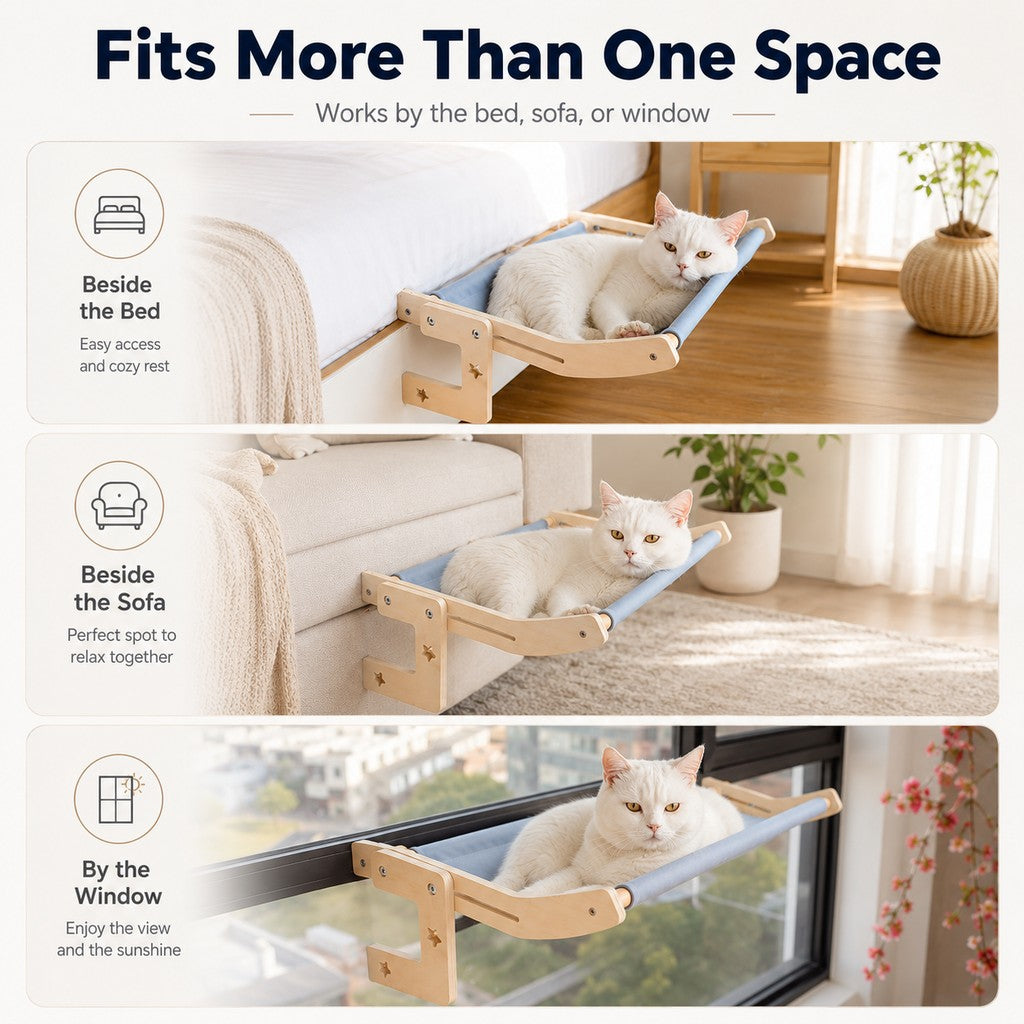 Paws in Awe Bedside Hanging Cat Hammock Bed - Space-Saving Elevated Cat Lounge for Beds, Sofas & Windows image 4