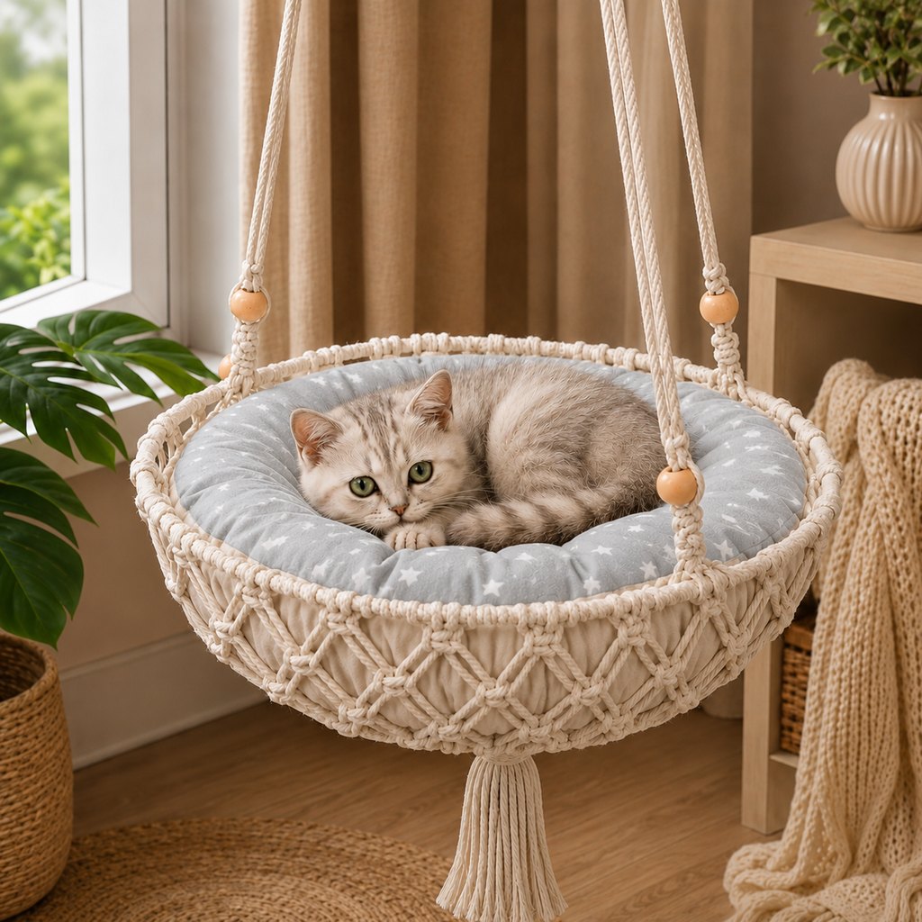 Paws in Awe Macrame Hanging Cat Hammock Bed with Cushion - Space-Saving Indoor Cat Swing for Small Apartments image 10