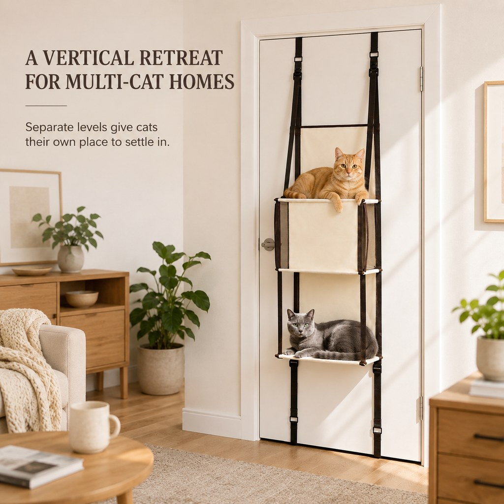 Three-tier hanging cat tree with upper lookout and lower lounge