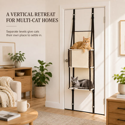 Three-tier hanging cat tree with upper lookout and lower lounge