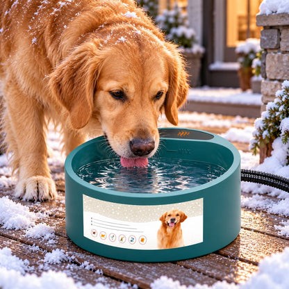Dog and cat using a heated pet water bowl in winter