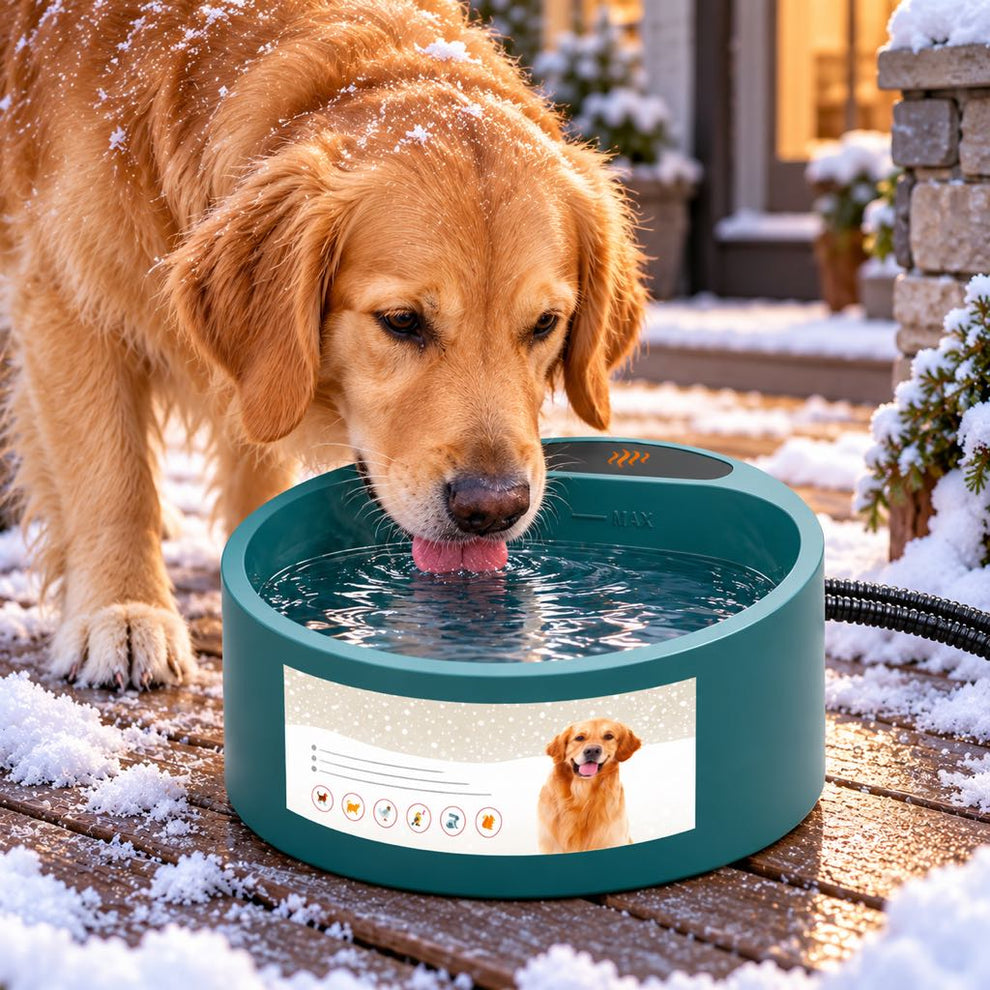 Dog and cat using a heated pet water bowl in winter