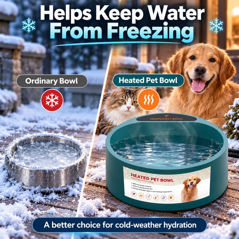 Comparison between a frozen ordinary bowl and a heated pet water bowl
