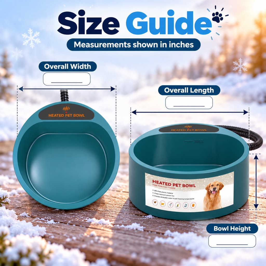 Illustrated size guide for the heated pet water bowl