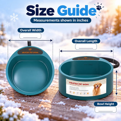 Illustrated size guide for the heated pet water bowl