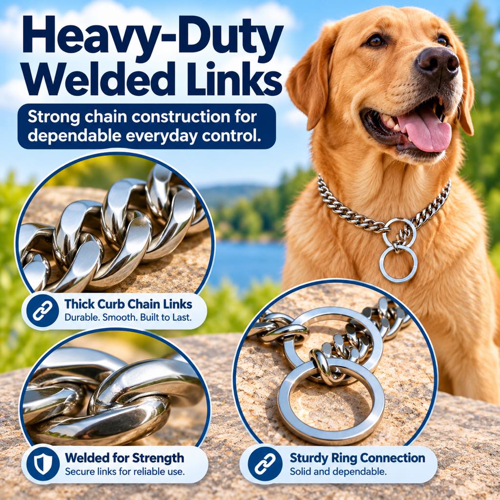 Heavy-duty welded stainless steel links on a dog chain collar