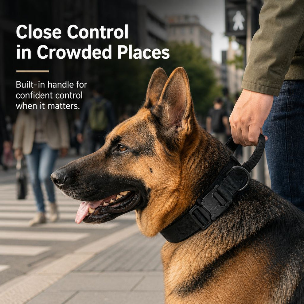 Heavy-duty tactical dog collar with padded handle control for large dogs
