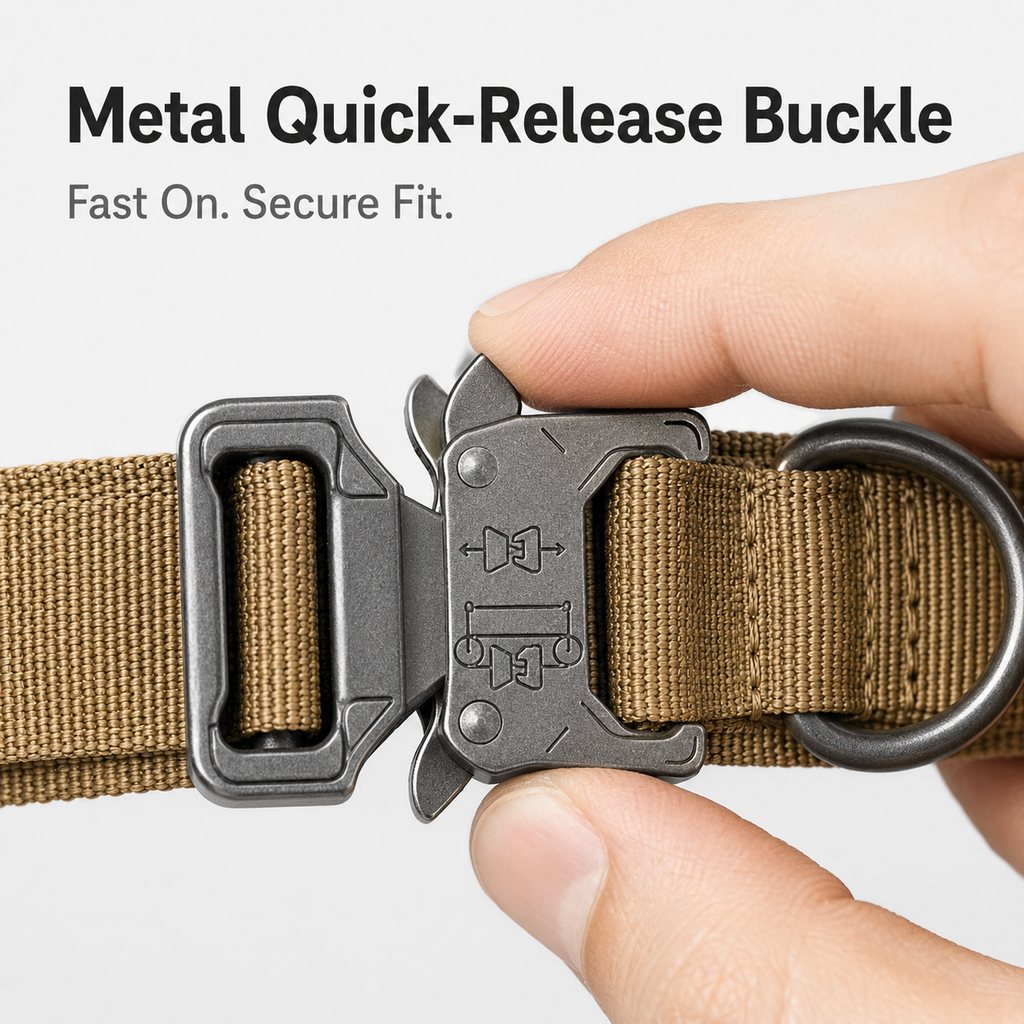 Metal quick-release buckle on heavy-duty tactical dog collar