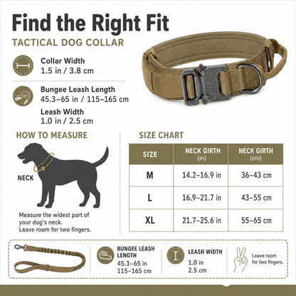 Heavy-duty tactical dog collar size chart by neck girth for M L and XL dogs