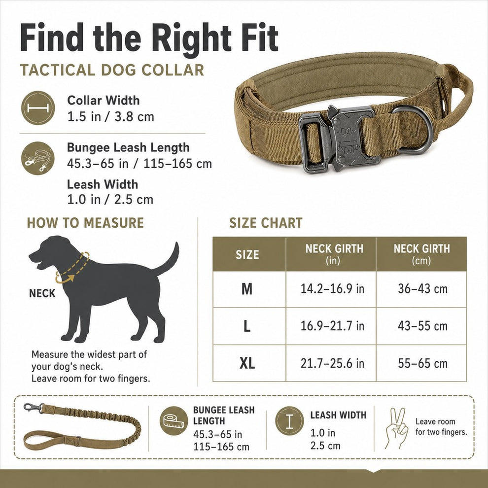 Heavy-duty tactical dog collar size chart by neck girth for M L and XL dogs