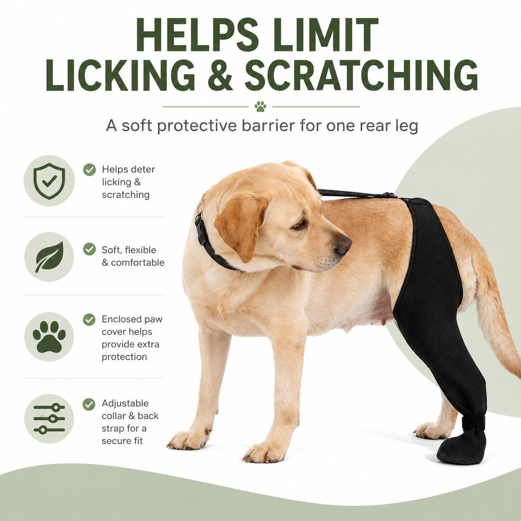 Dog rear leg recovery sleeve helps limit licking and scratching