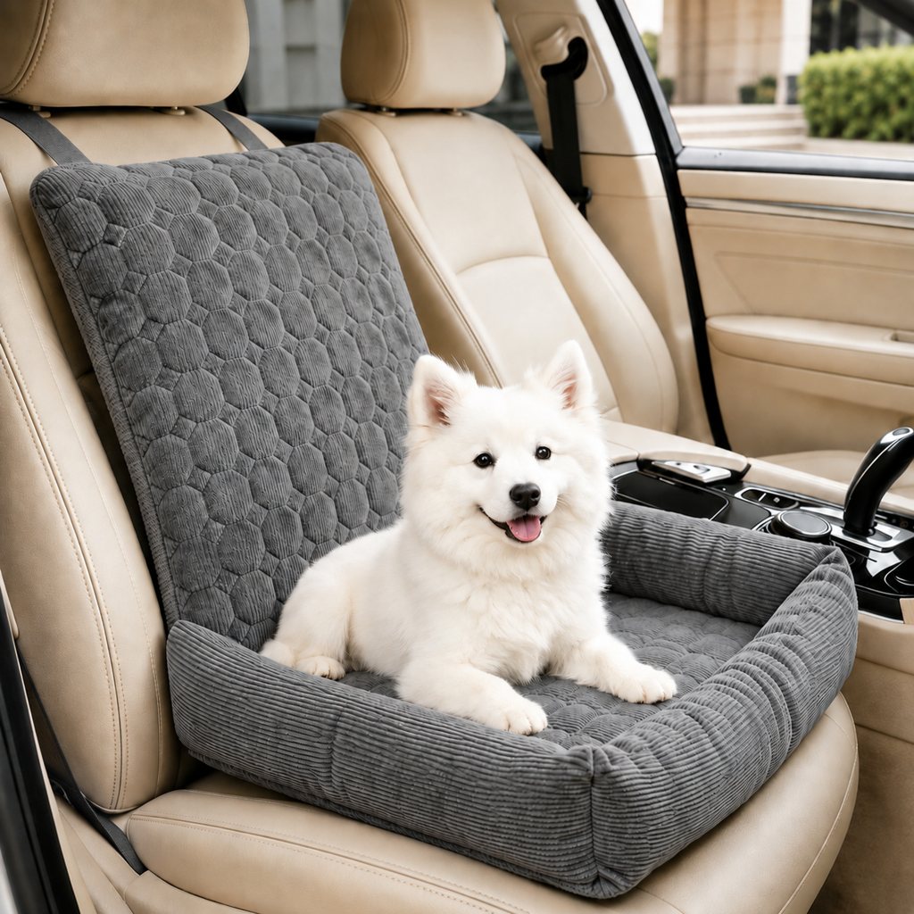 Dark gray high back corduroy pet car seat bed with a small dog