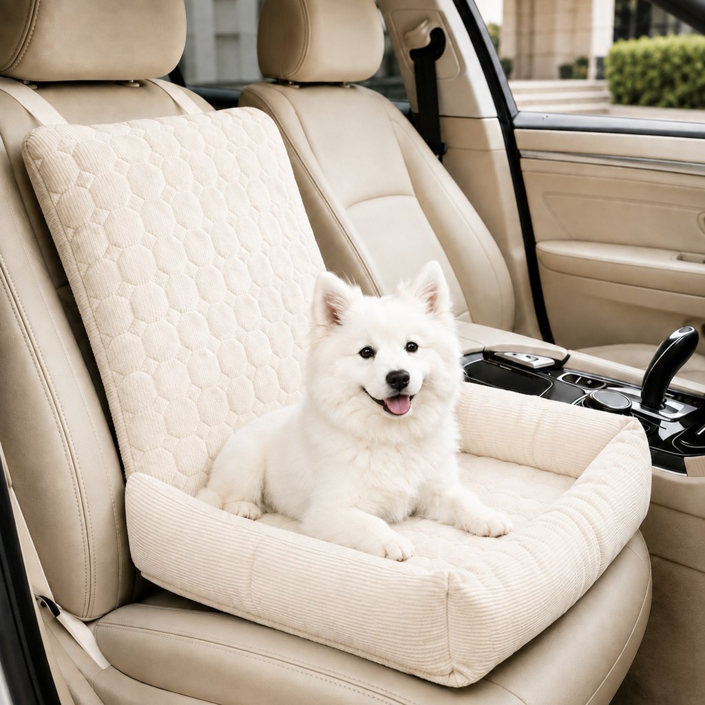 Ivory high back corduroy pet car seat bed with a small dog