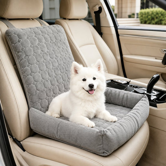 Light gray high back corduroy pet car seat bed with a small dog