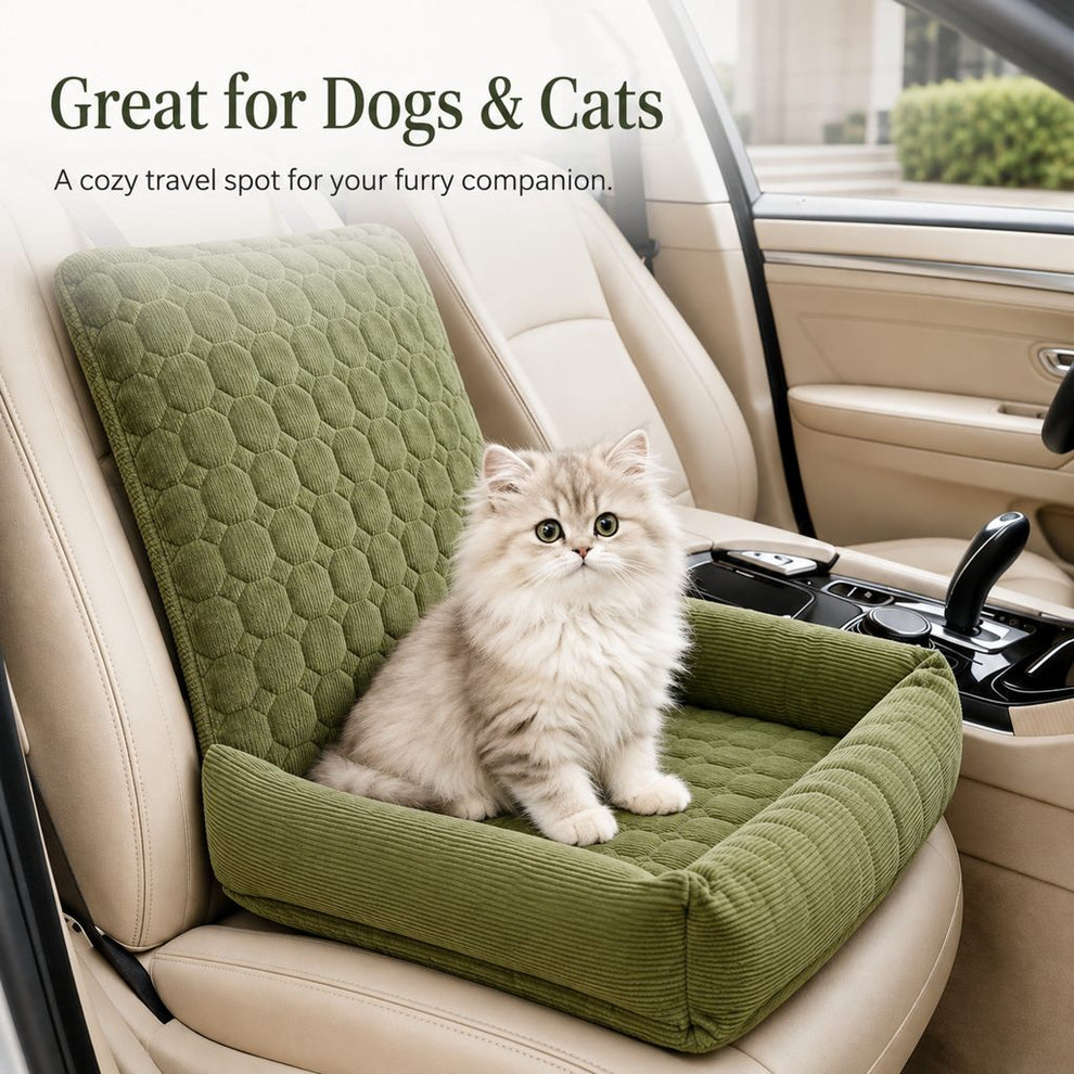 Sage green corduroy car seat bed shown with a cat