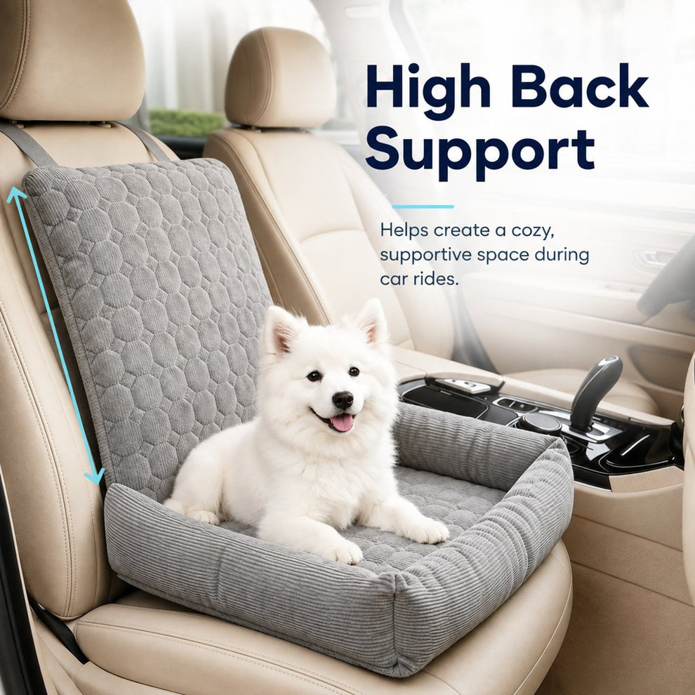 High padded backrest on corduroy pet car seat bed