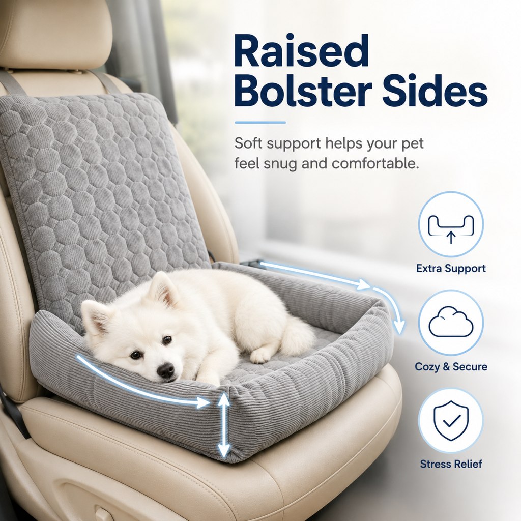 Raised side and front bolsters on pet car seat bed