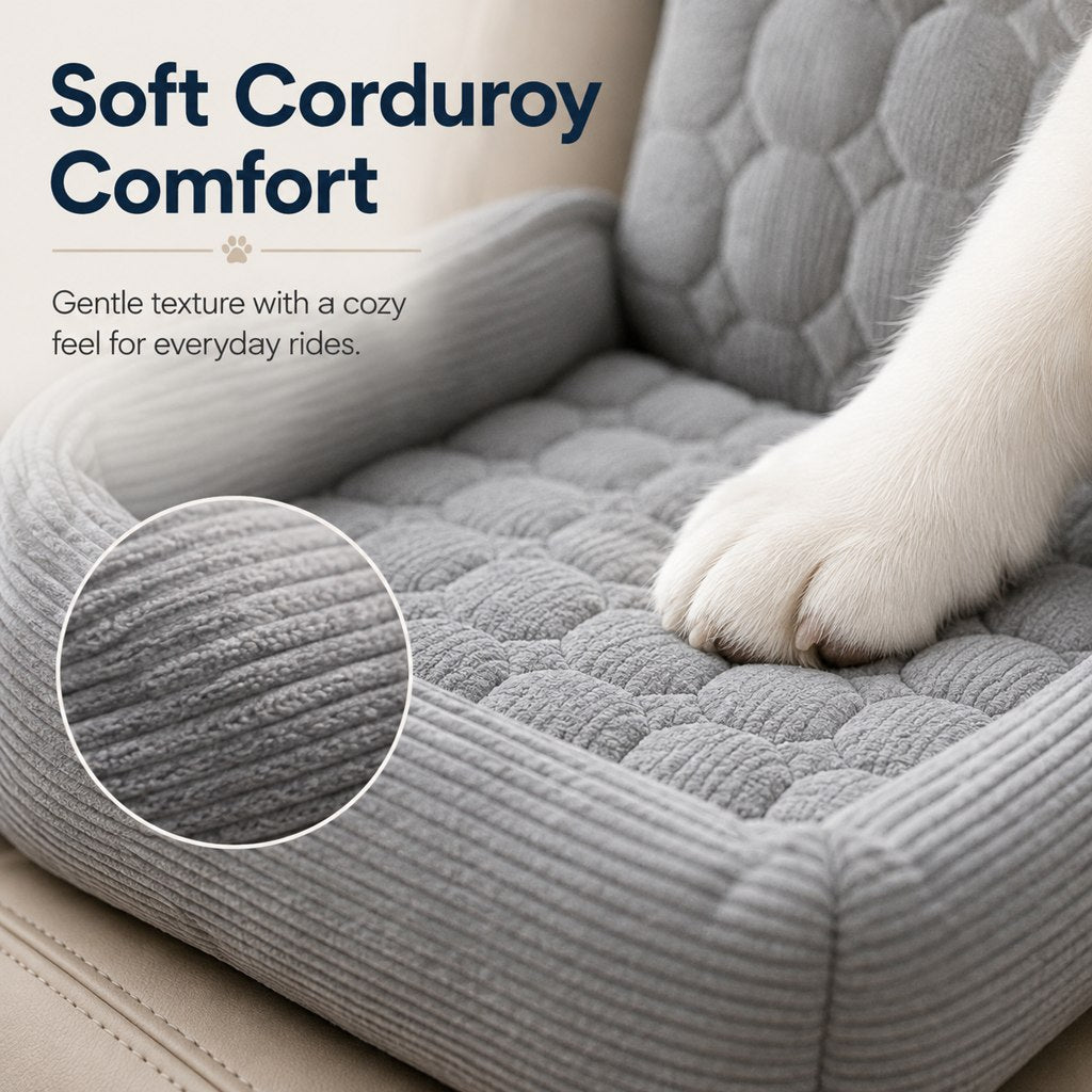 Close-up of soft corduroy fabric on pet car seat bed