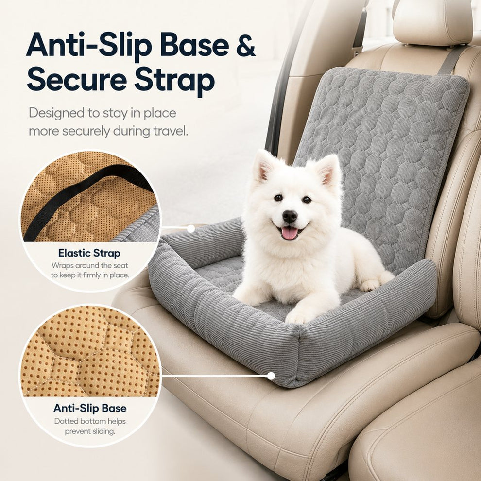 Pet car seat bed securing strap and non-slip base details