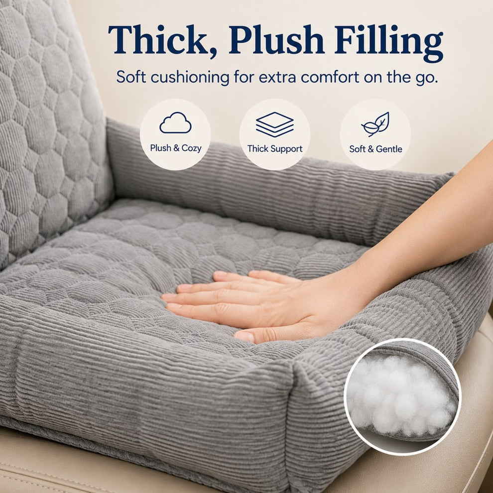 Plush cushion filling in high back pet car seat bed