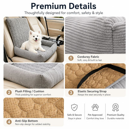 Corduroy fabric, padding, securing strap and base construction