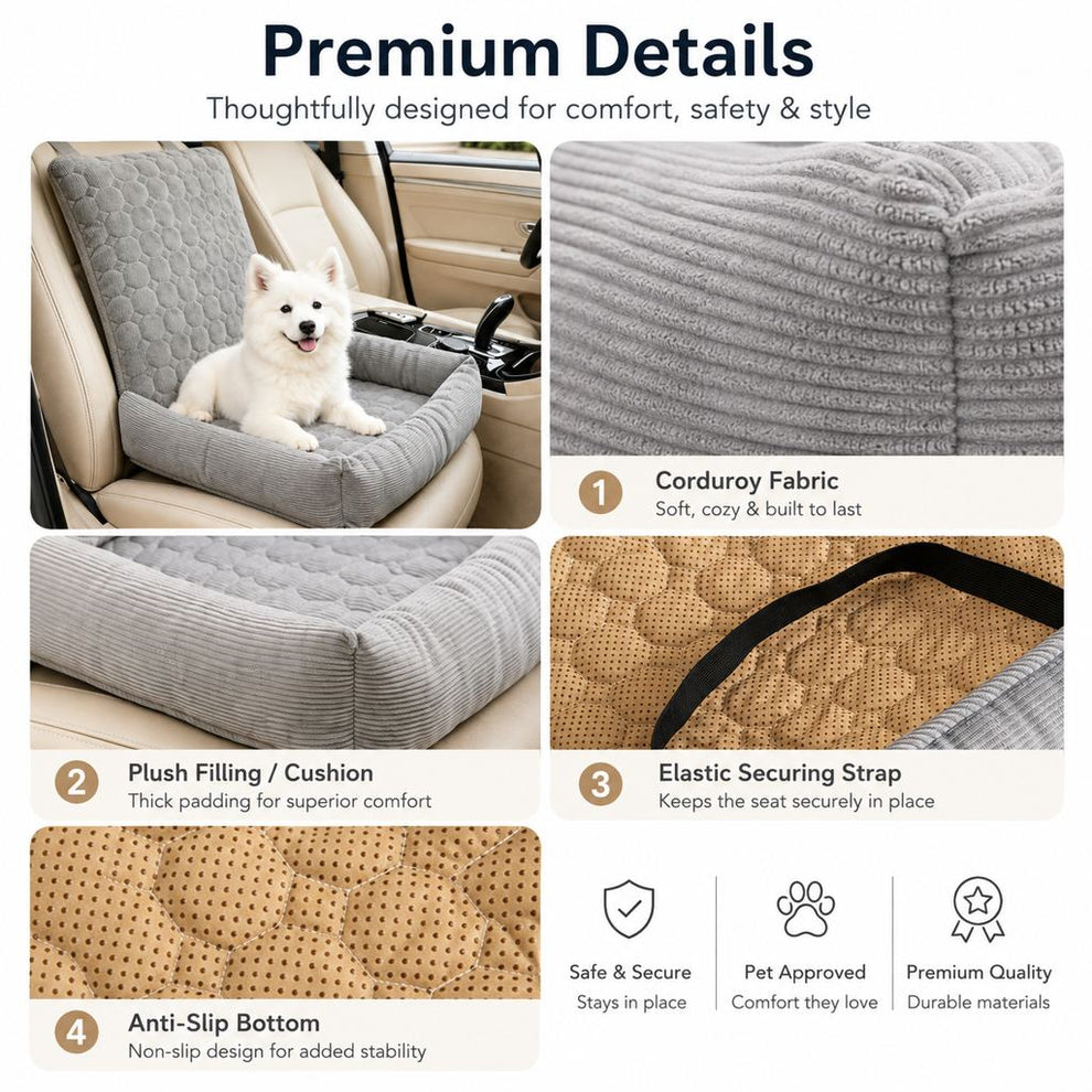 Corduroy fabric, padding, securing strap and base construction