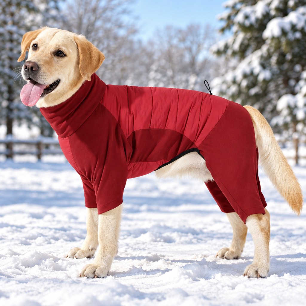 burgundy insulated four-leg dog winter snowsuit
