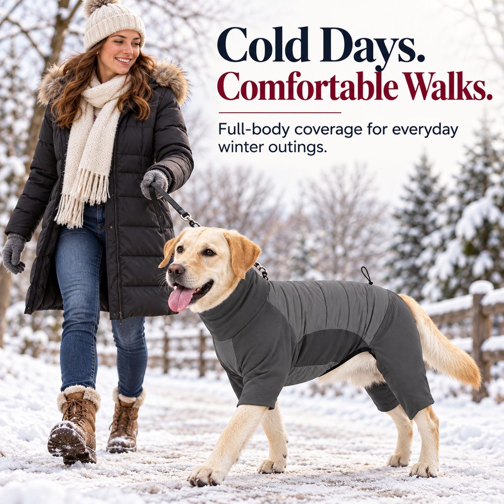 charcoal gray four-leg dog snowsuit on a snowy winter walk