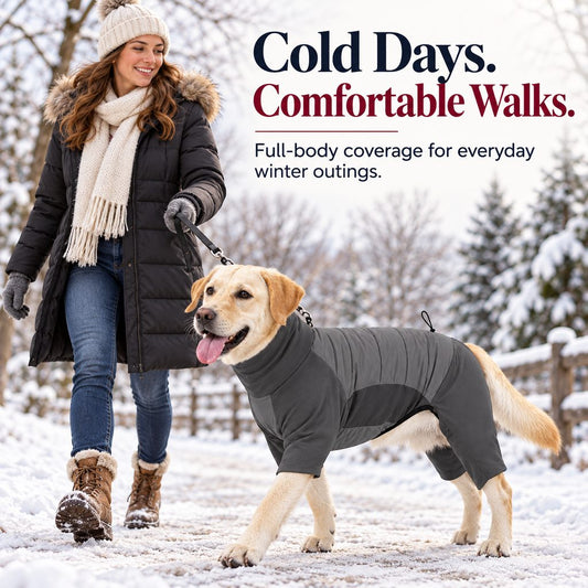 charcoal gray four-leg dog snowsuit on a snowy winter walk