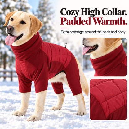 high collar and padded back panels on burgundy dog snowsuit