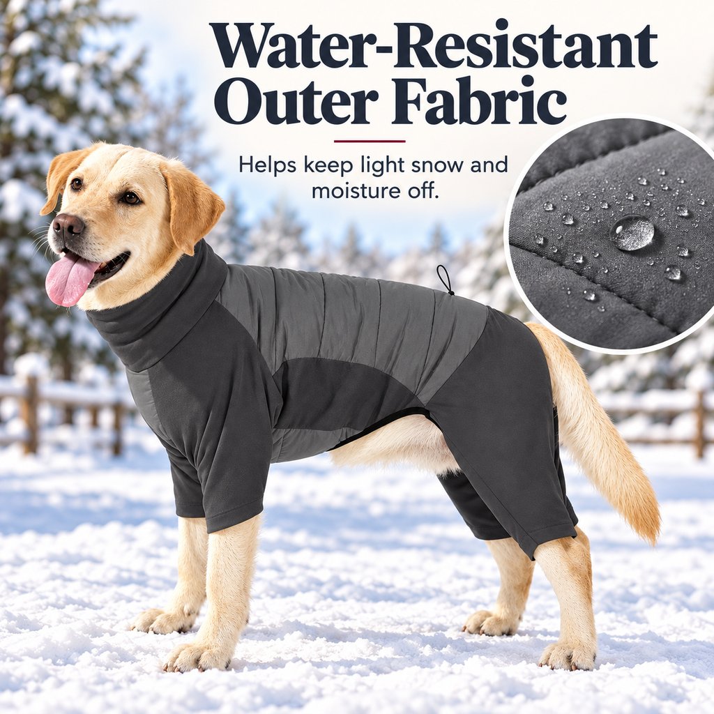 water-resistant outer fabric on charcoal gray dog winter snowsuit