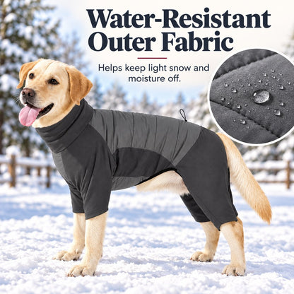 water-resistant outer fabric on charcoal gray dog winter snowsuit
