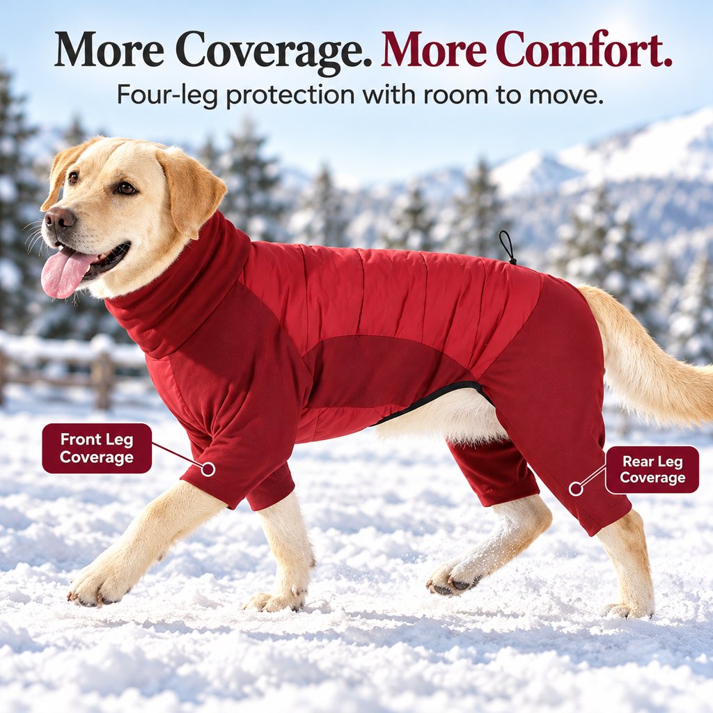 four-leg coverage on burgundy dog winter snowsuit