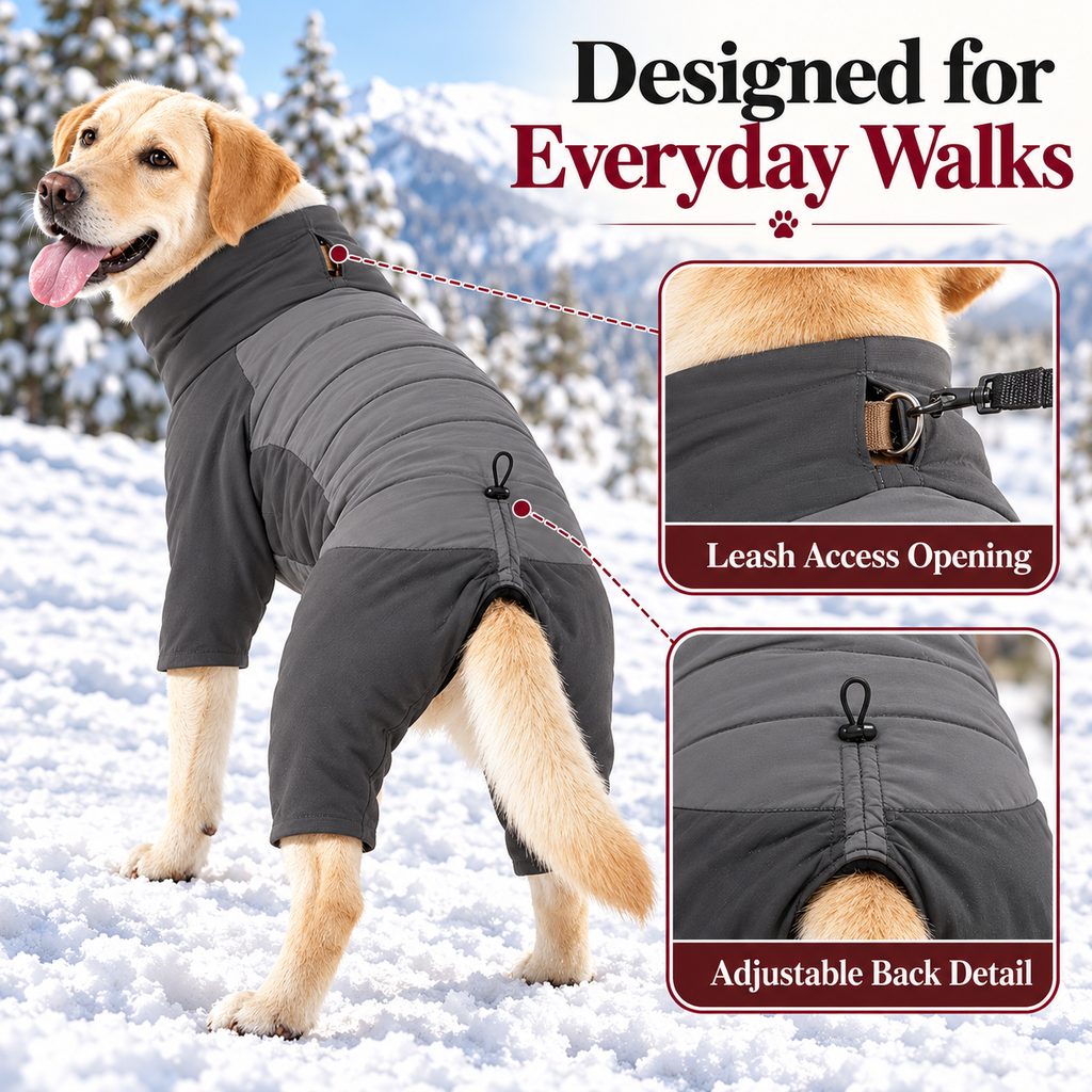 leash opening and rear adjustment on charcoal gray dog snowsuit