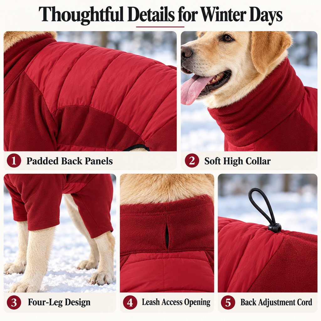 padded panels collar four-leg design leash opening and adjustment details