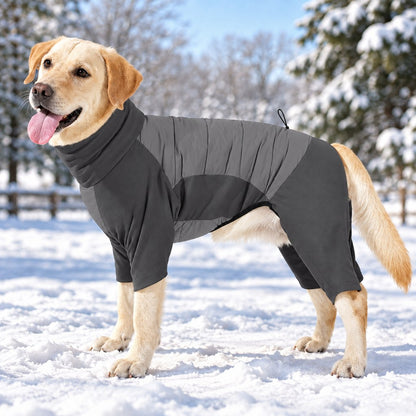 charcoal gray insulated four-leg dog winter snowsuit